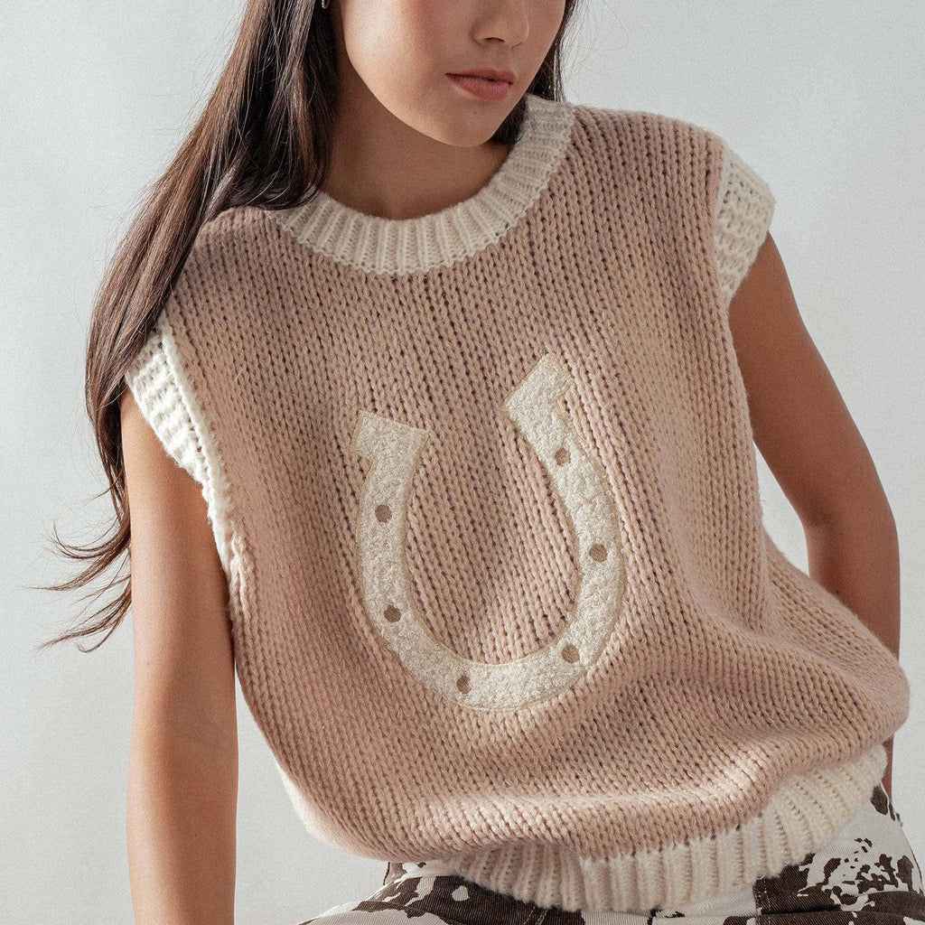 Western Horseshoe Crochet Knit Ribbed Trim Sweater Vest