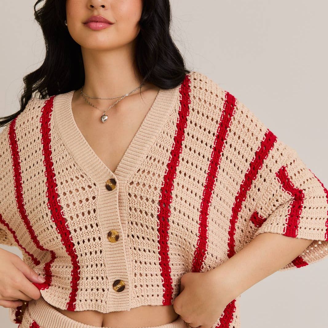 OPEN KNIT BUTTON DOWN SWEATER TOP
