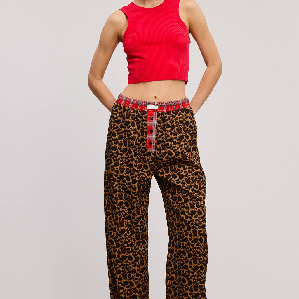 Plaid Flannel Contrast Waistband Leopard Pants