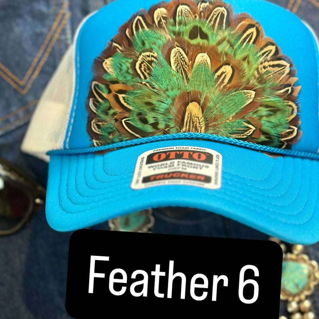 BLUE AND WHITE FEATHER TRUCKER HAT