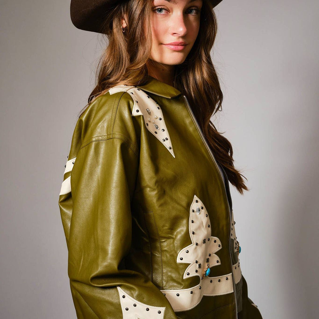 Faux Leather Studded Oversized Zip-Up Jacket