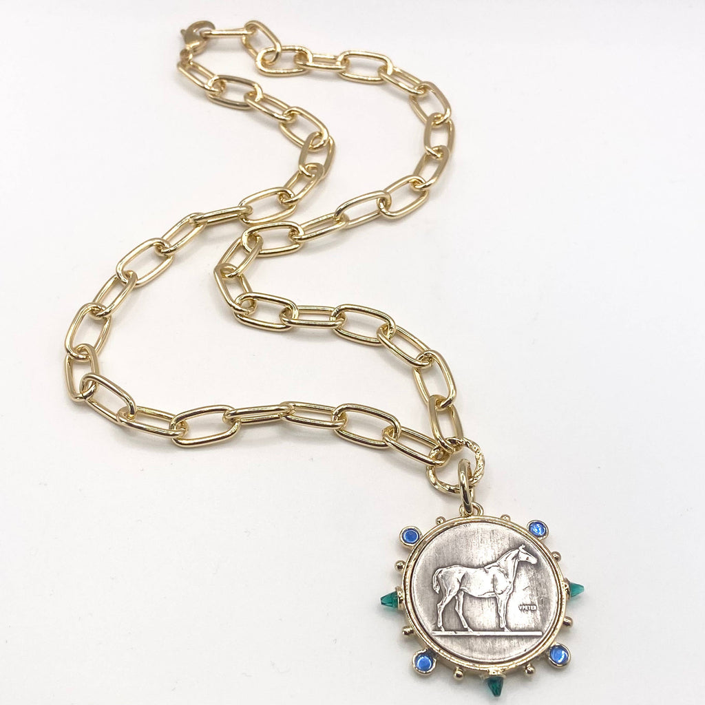 Equestrian horse coin medallion western emerald sapphire  