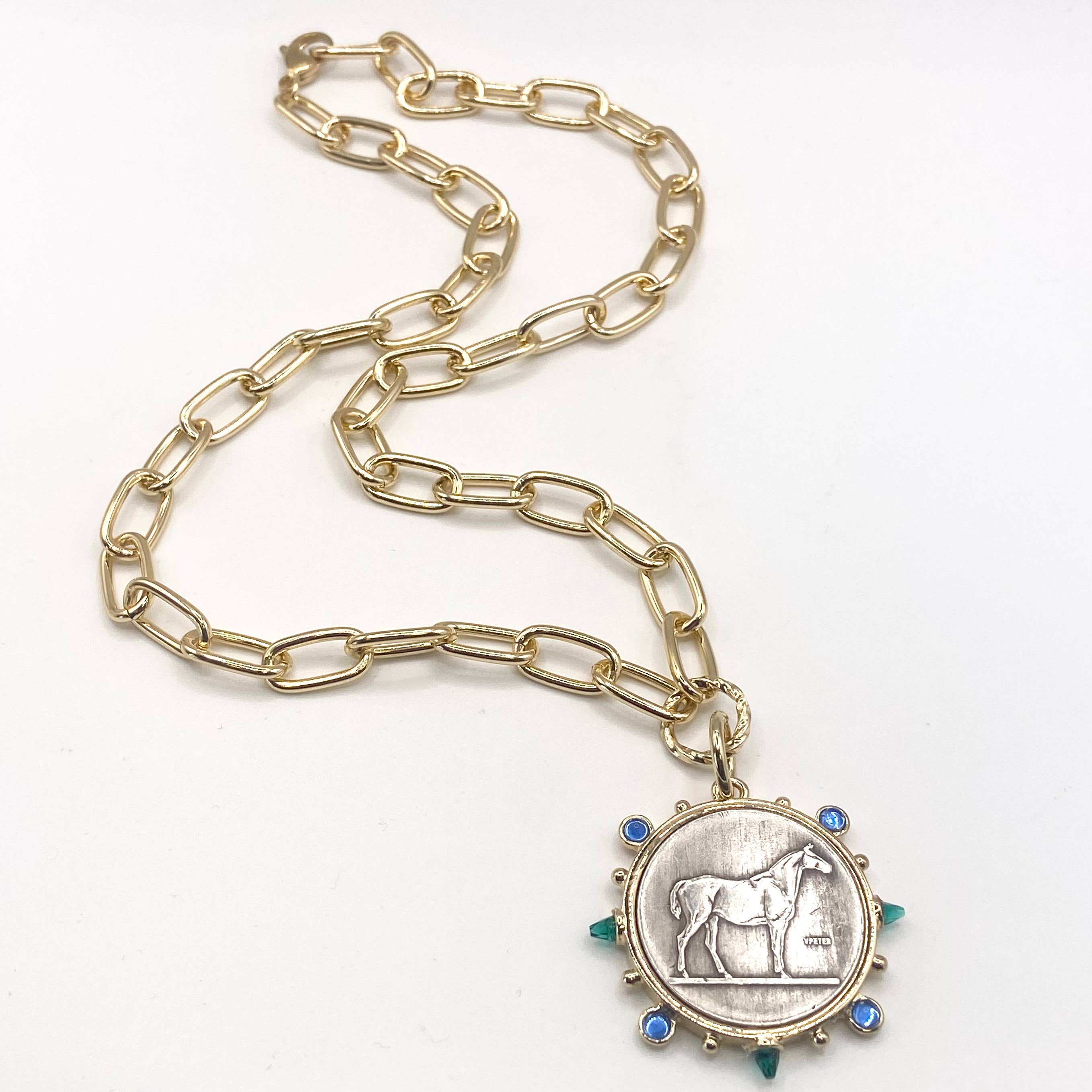 Equestrian horse coin medallion western emerald sapphire  