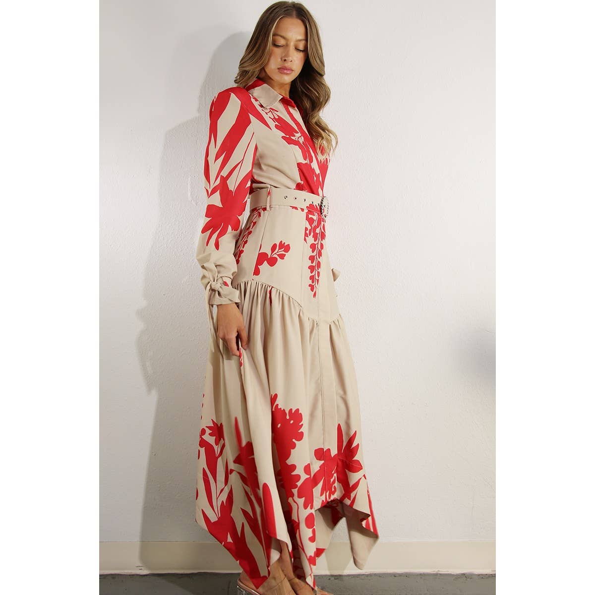 Print Uneven Belted Long Dress
