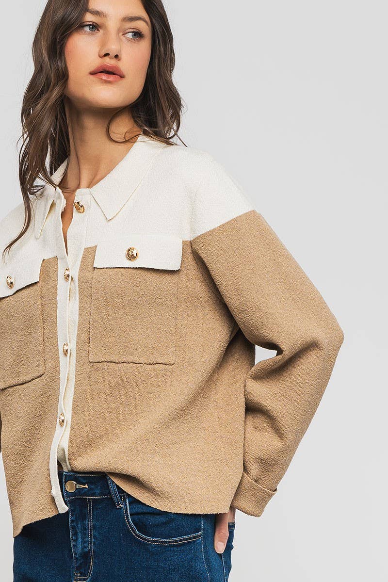 Colorblock Button-Up Cropped Coat