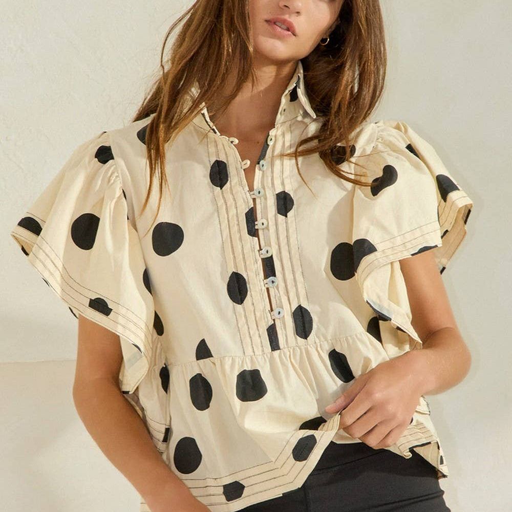 Ruffle Sleeves Pintuck Detail Polka Dot Print top