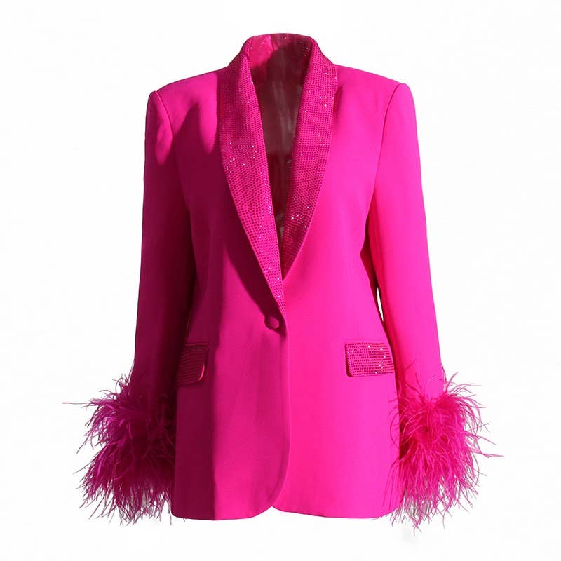 Hot Pink Diamond Feather Slim Fit Blazer