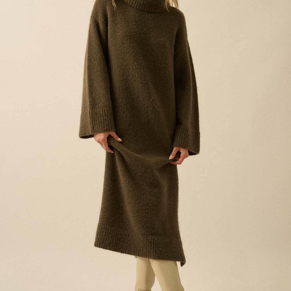 Solid Felted Knit Cowl-Neck Midi Sweater Dress