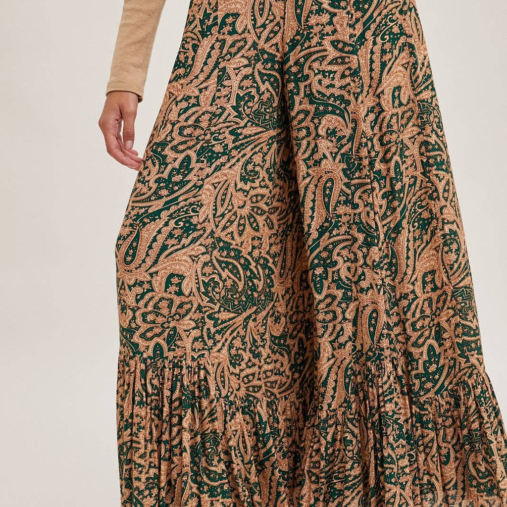 PAISLEY PRINT WIDE RUFFLED PANTS