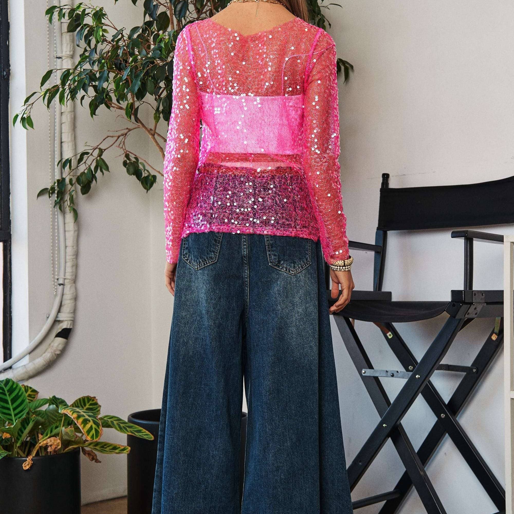 GLITTER SEQUIN LUREX LONG SLEEVE LACE MESH TOP