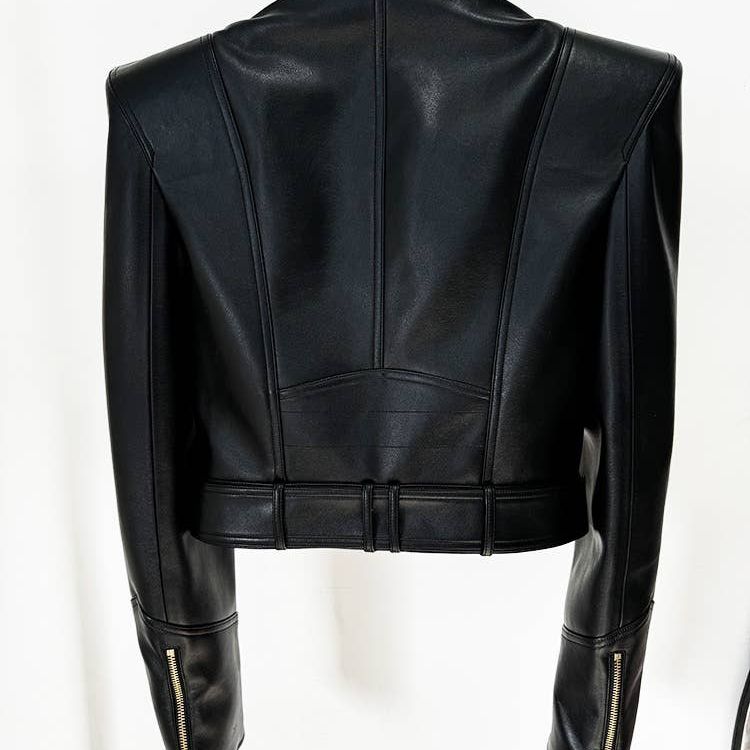 Double-Breasted Cropped Leather Motorcycle Jacket