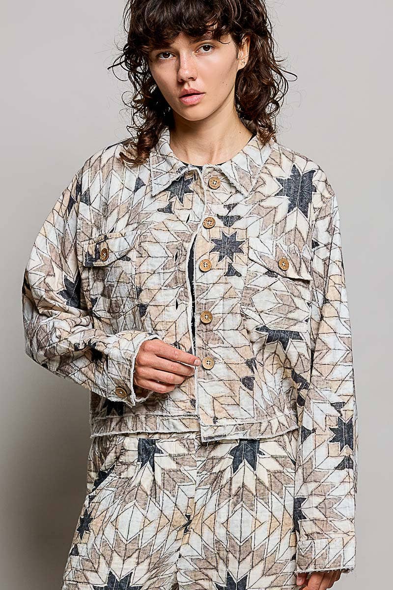 Geometric Star Wide Long Sleeve Quilted Stitch Woven Jacket