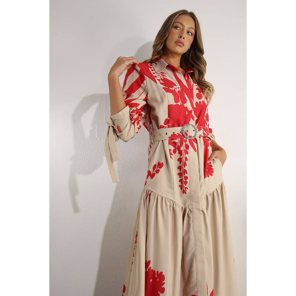 Print Uneven Belted Long Dress