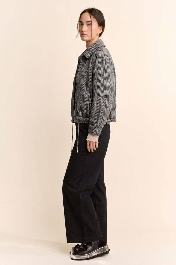 Herringbone Tweed Zip Front Bomber Jacket