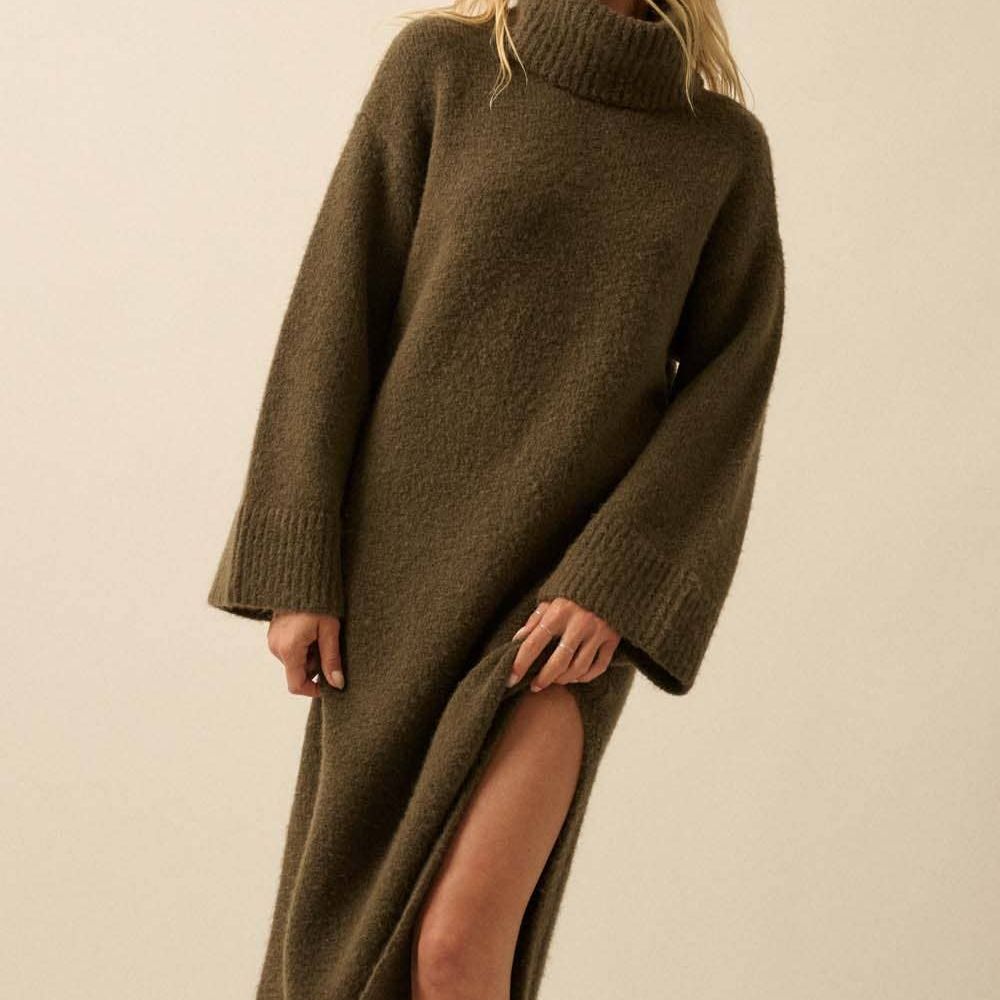 Solid Felted Knit Cowl-Neck Midi Sweater Dress