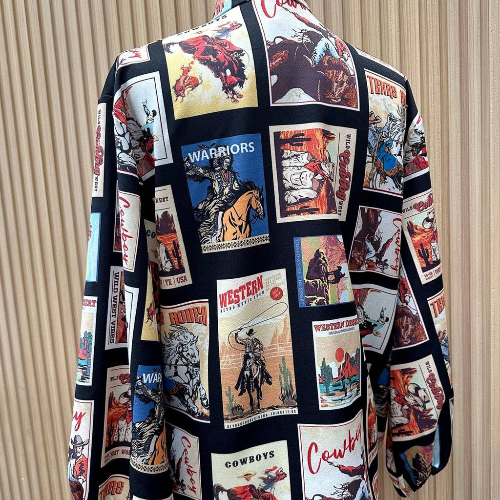 Western Cowboy Stamps Print Ribbon Blouse