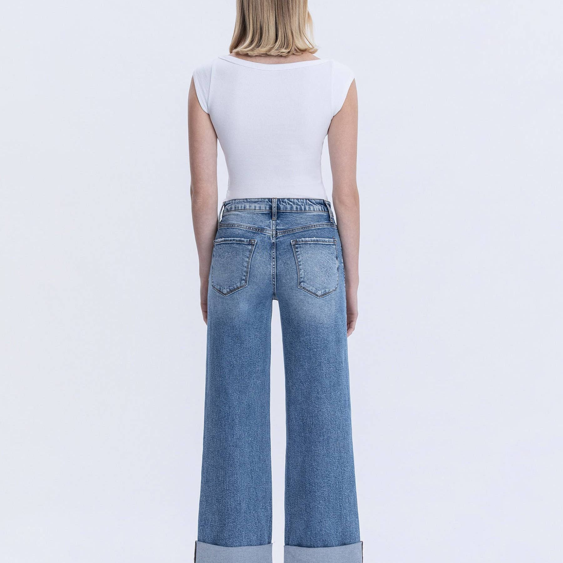 SUPER HIGH RISE DOUBLE CUFFED BAGGY WIDE JEANS