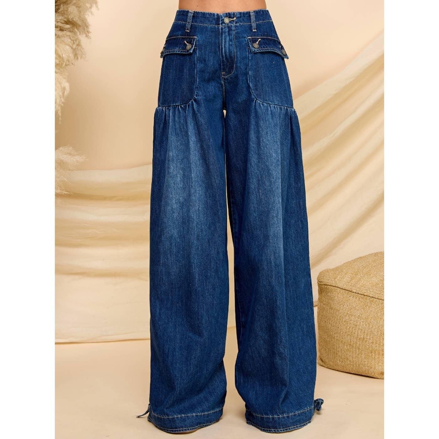 Ankle Drawstring Wide Denim Pants