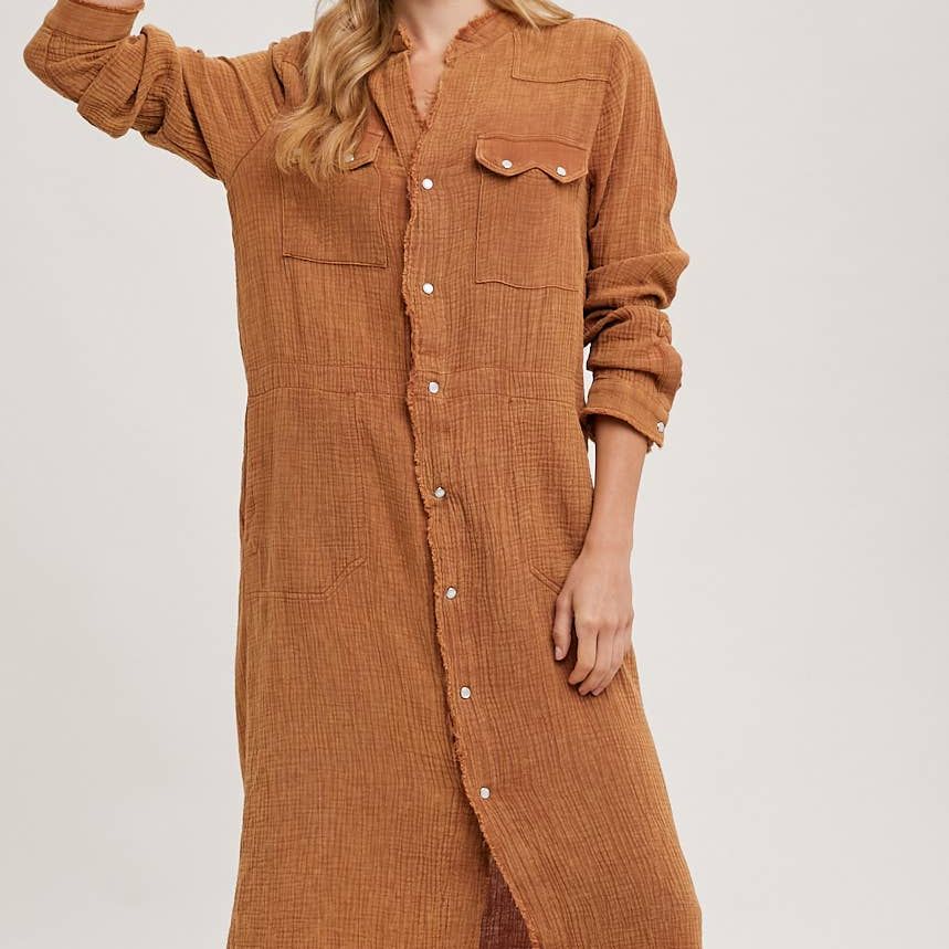 WASHED DENIM MIDI BUTTON DOWN SHIRT DRESS