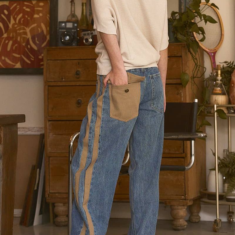Wide-Leg Utility Stripe Denim Jeans