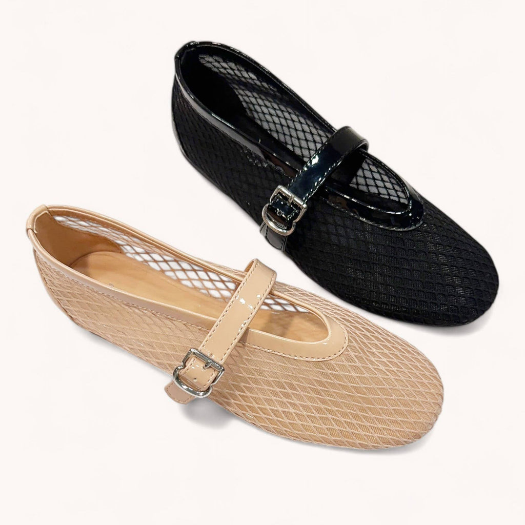 FISHNET MESH UPPER ROUND TOE BALLET FLAT