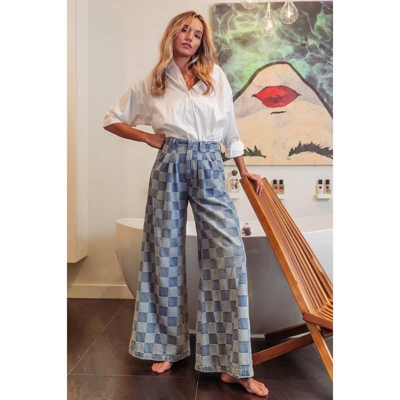 WASHED TWO TONE CHECKER WIDE PANTS