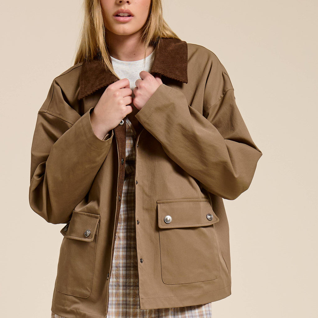 Barn Jacket with Corduroy Collar and Snap Pockets
