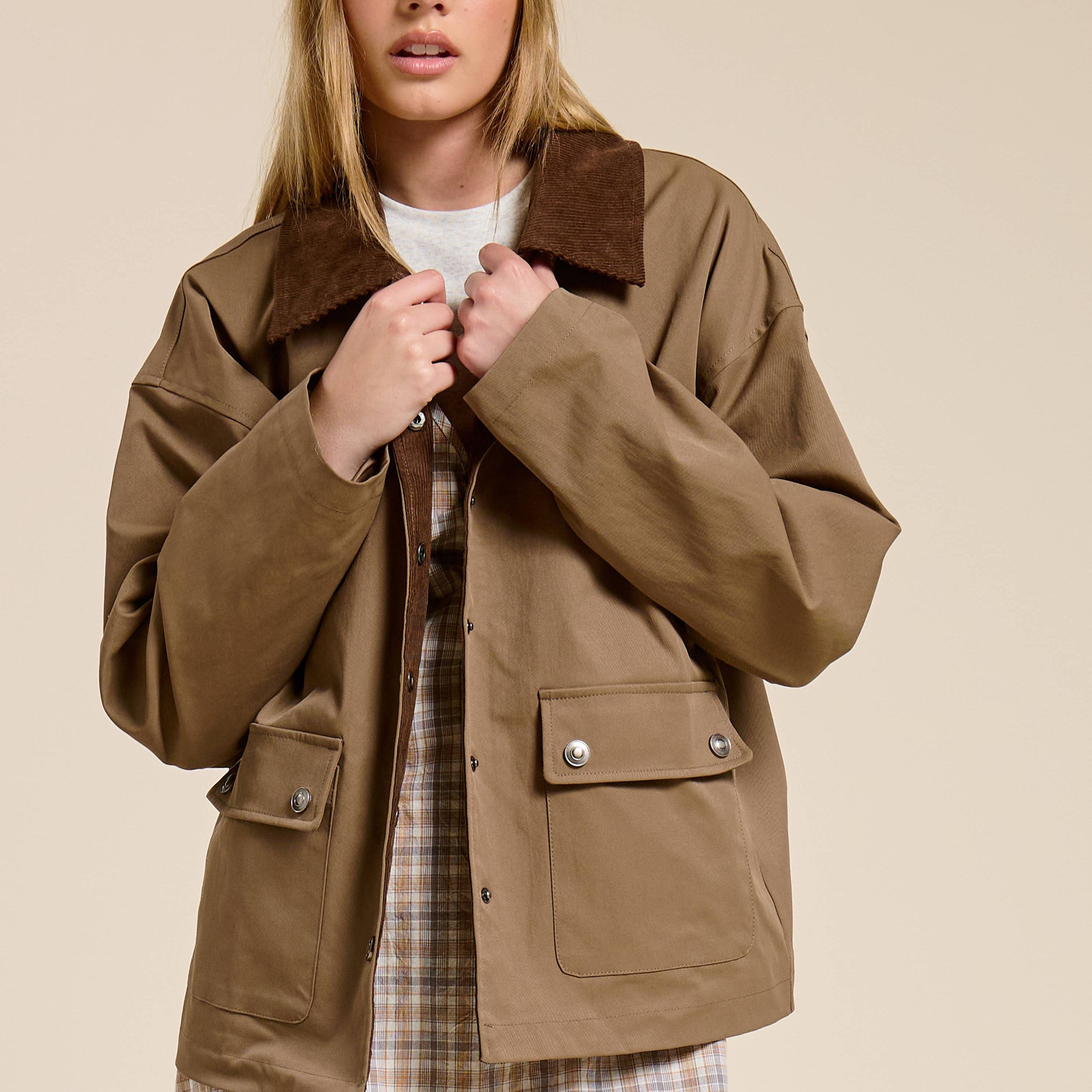 Barn Jacket with Corduroy Collar and Snap Pockets