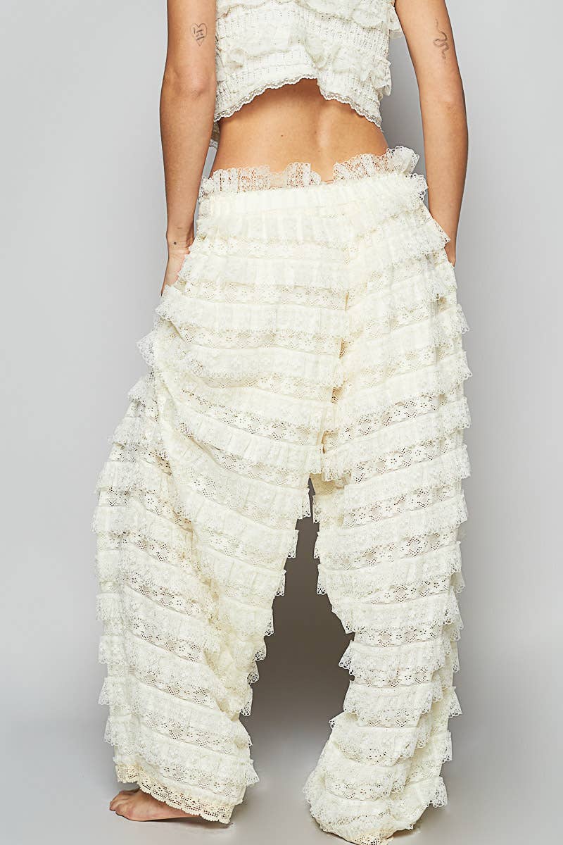 Solid lace trim detail woven wide pants