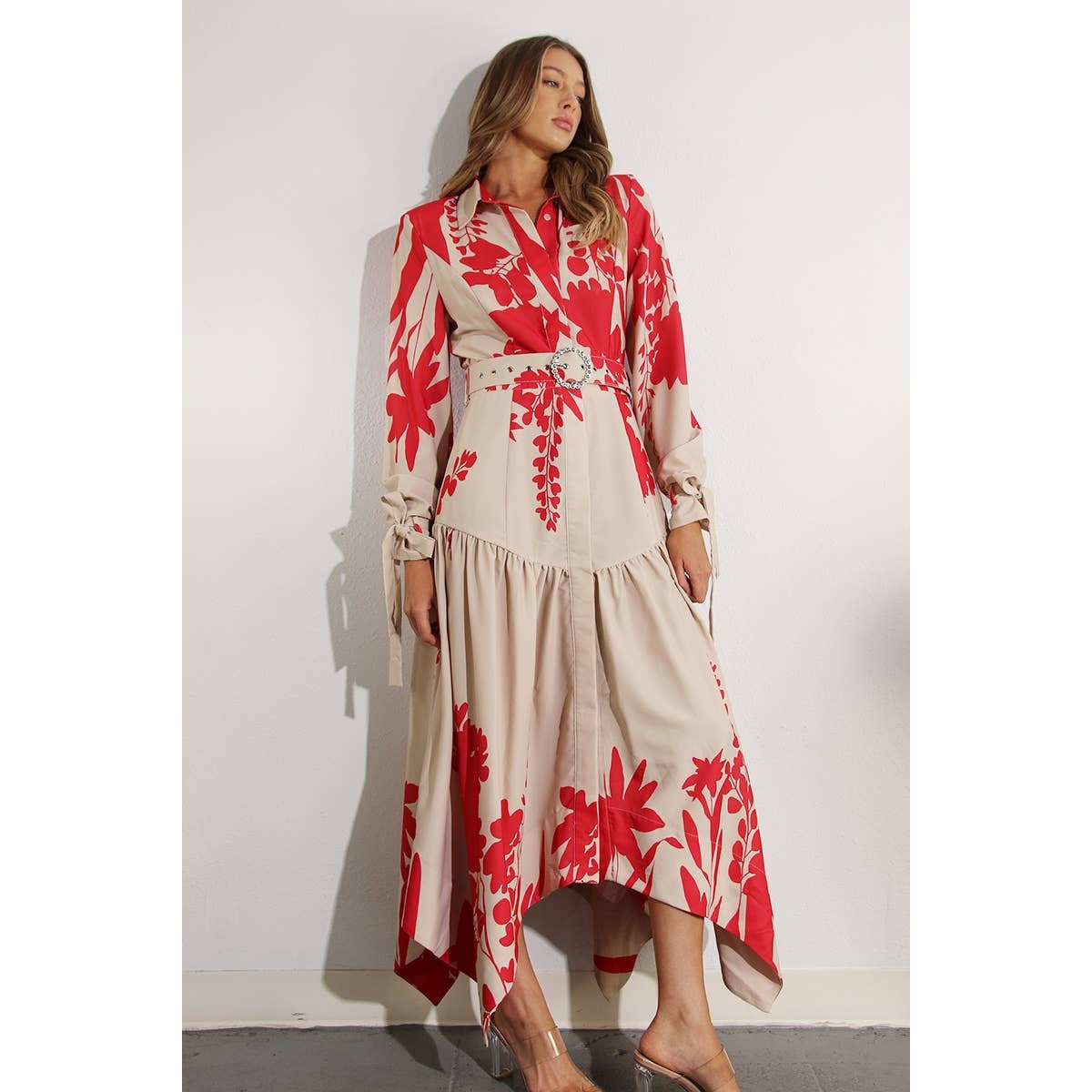 Print Uneven Belted Long Dress