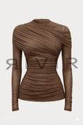 Noemie Power Mesh Double Layer Draped Long Sleeve Top