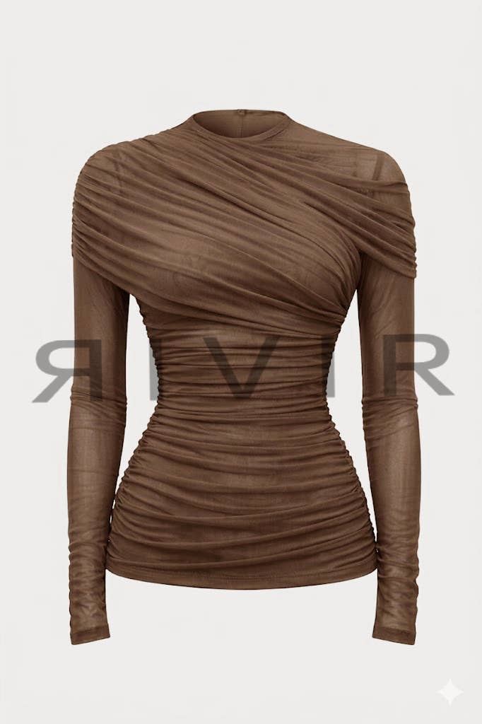 Noemie Power Mesh Double Layer Draped Long Sleeve Top