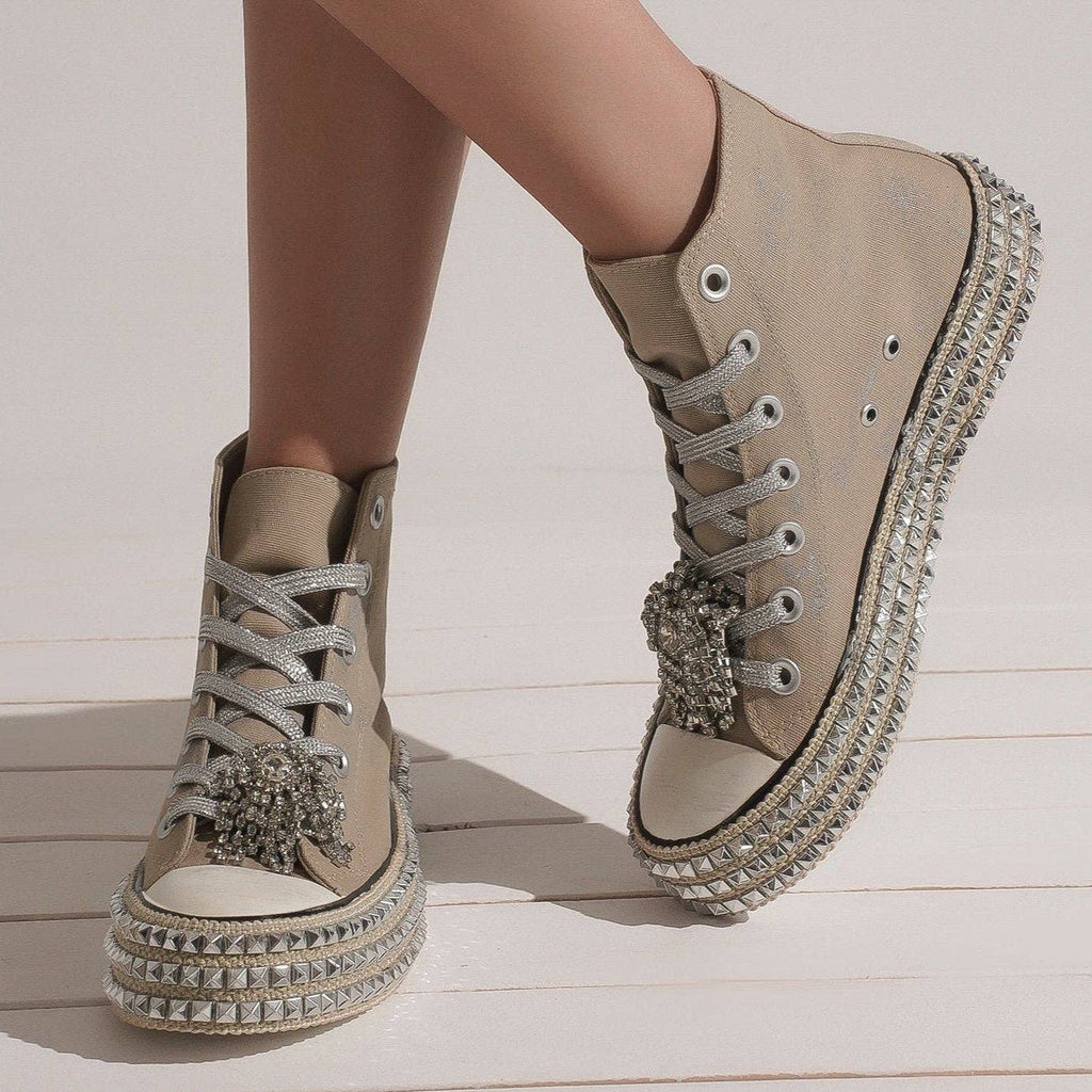 BEDAZZELED DECOR ROCKSTUD PLATFORM HIGH TOP SNEAKERS