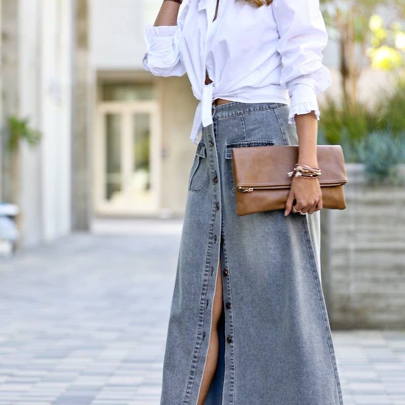 Front button down washed out denim maxi-skirt MK1699