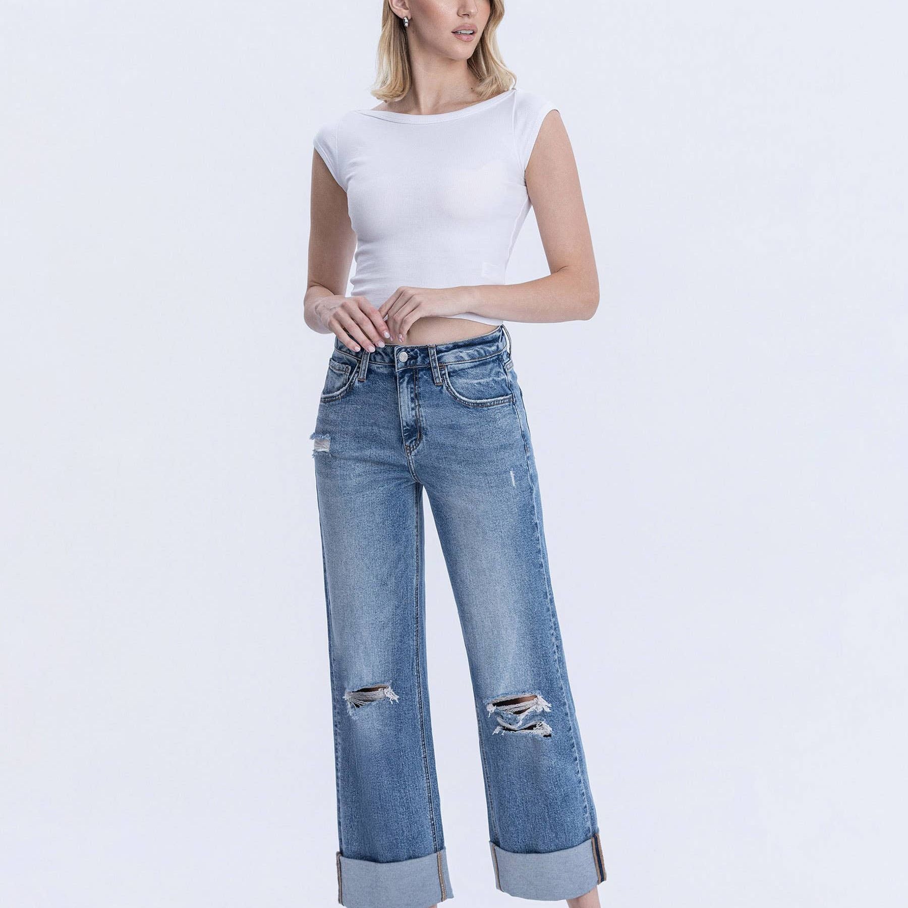 SUPER HIGH RISE DOUBLE CUFFED BAGGY WIDE JEANS