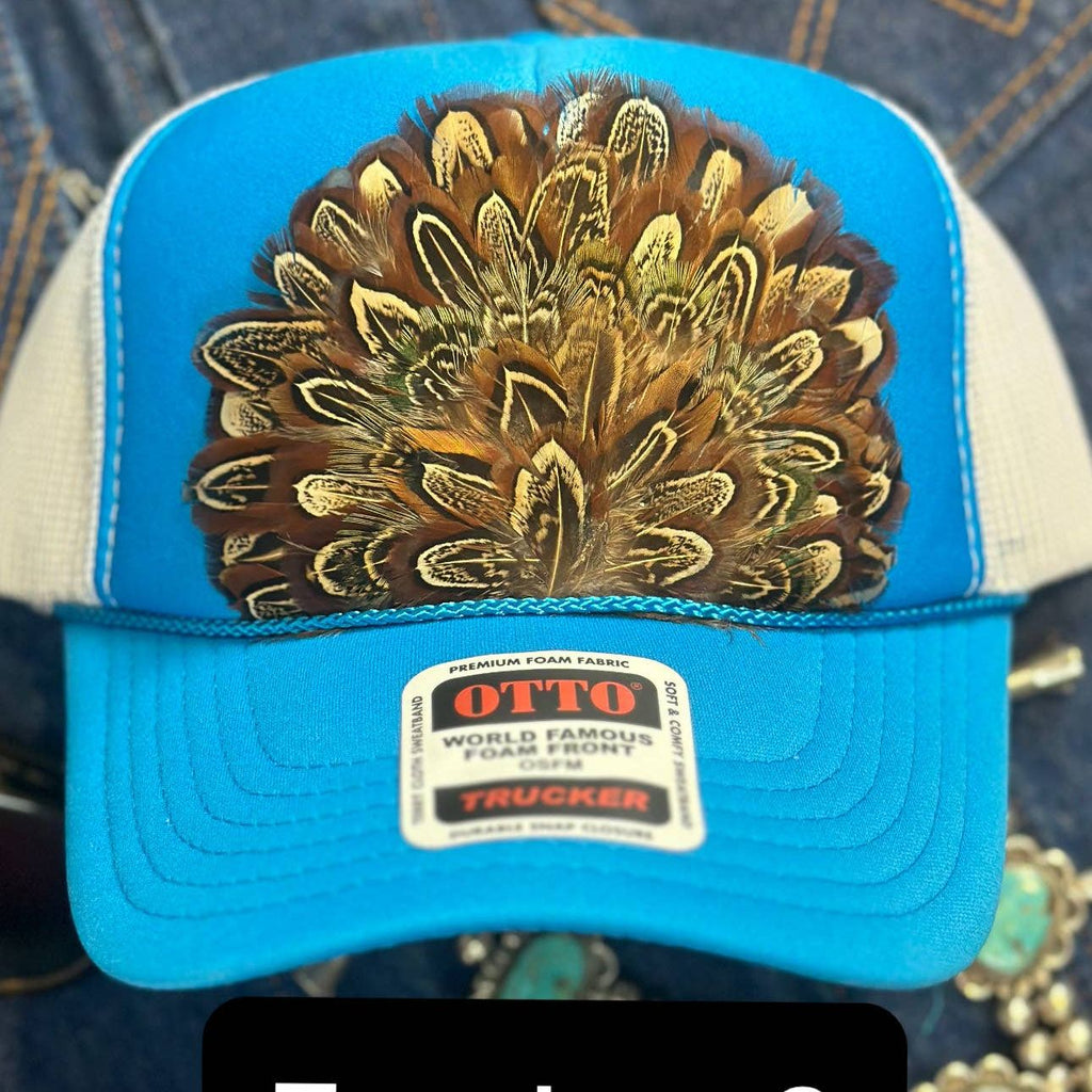 BLUE AND WHITE FEATHER TRUCKER HAT