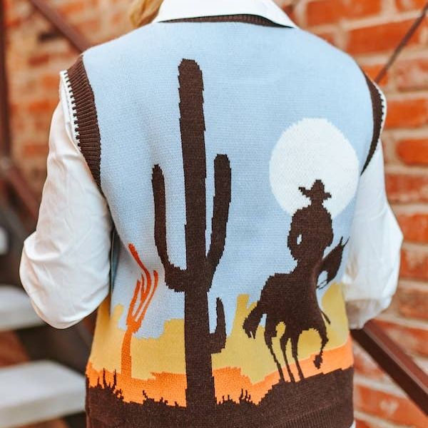 Western Cowboy Sunset Knit Sleeveless Sweater Vest