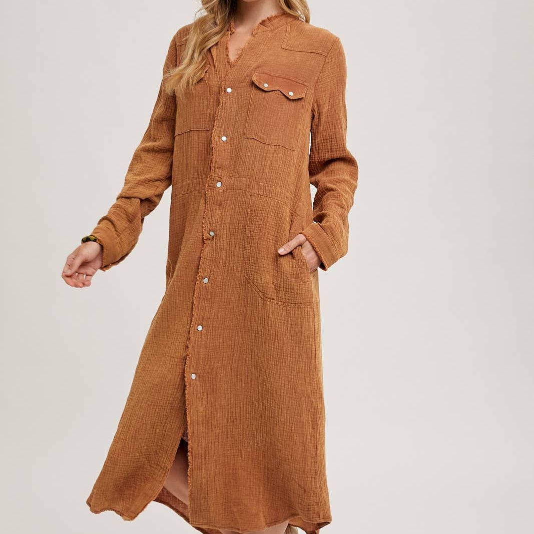 WASHED DENIM MIDI BUTTON DOWN SHIRT DRESS