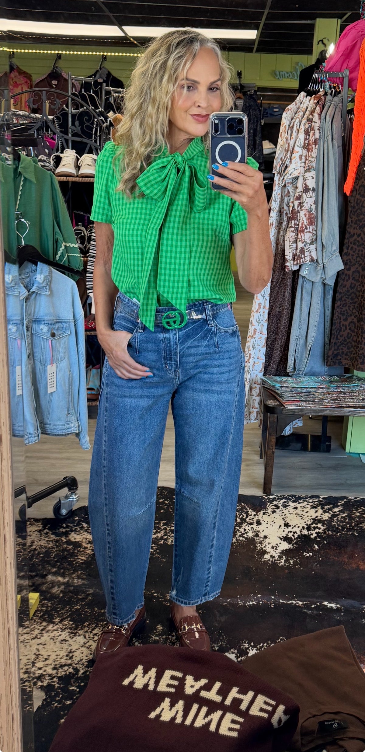 Green Gingham Bow Tie Short Sleeve