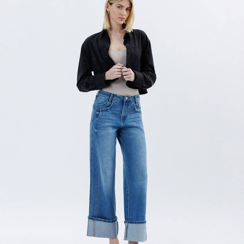 SUPER HIGH RISE CUFFED BAGGY WIDE JEANS