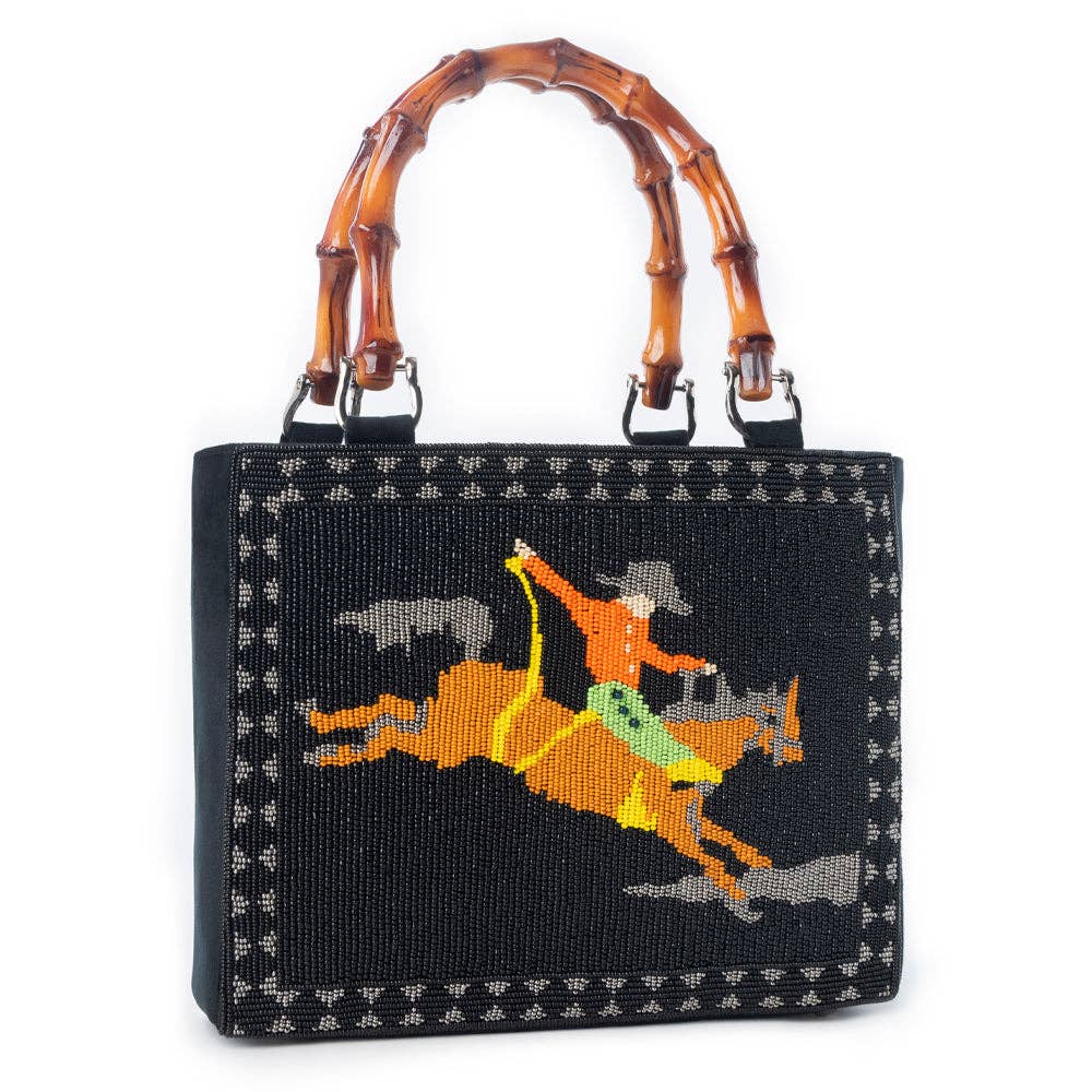 Eight Seconds Western hand beaded bag in black with bamboo handle and horse embroidery