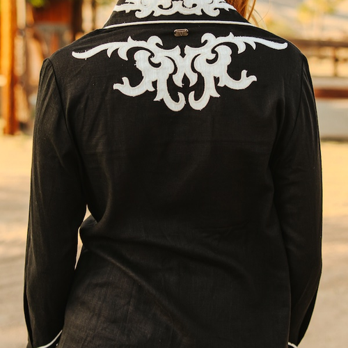 Black Ivory Patch Embroidered Boot Stitch Contrast Shirt