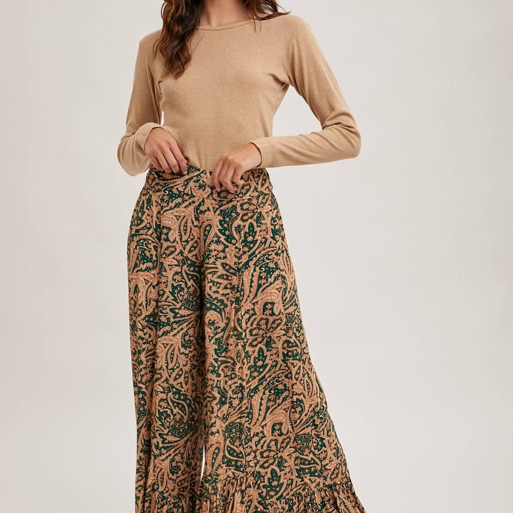 PAISLEY PRINT WIDE RUFFLED PANTS