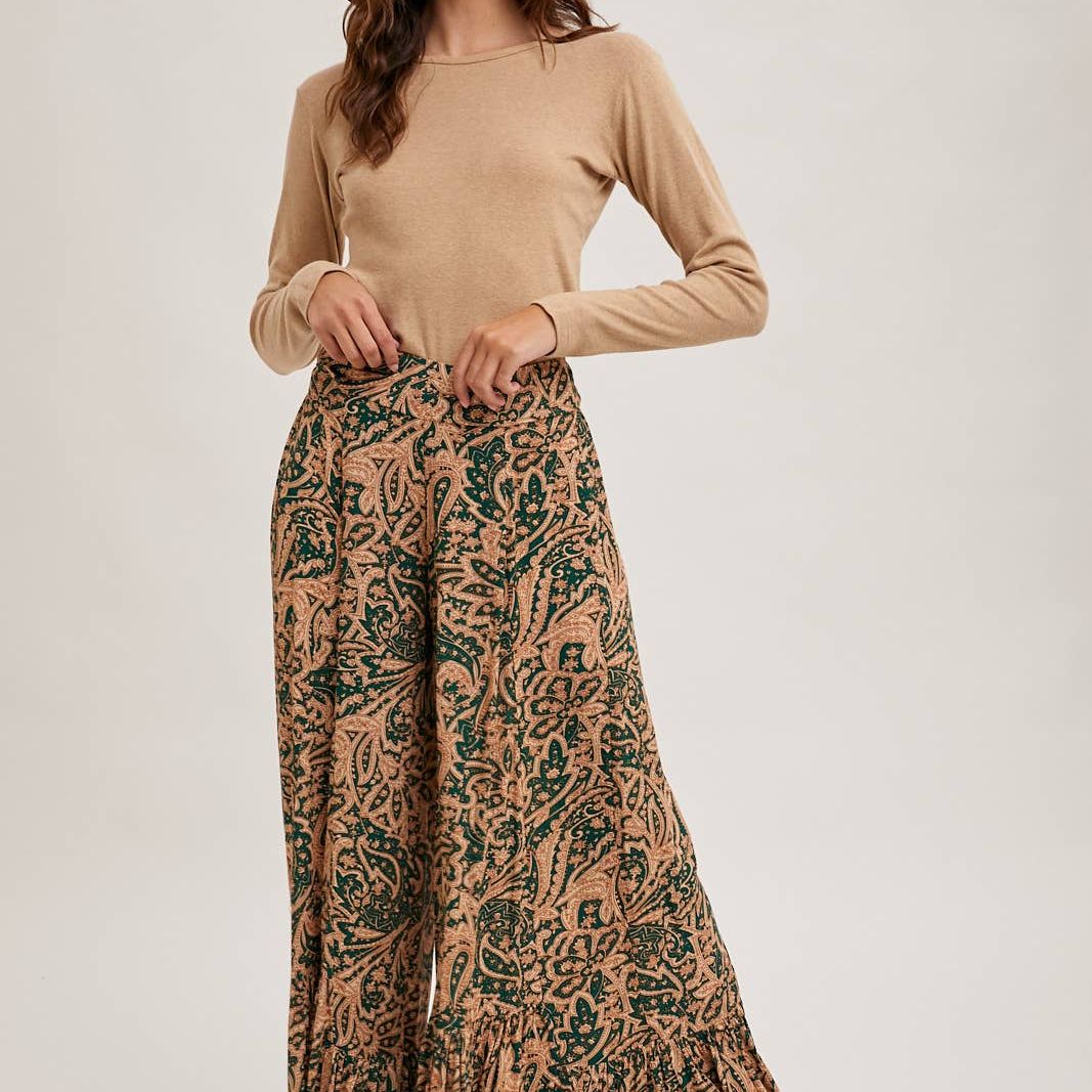 PAISLEY PRINT WIDE RUFFLED PANTS