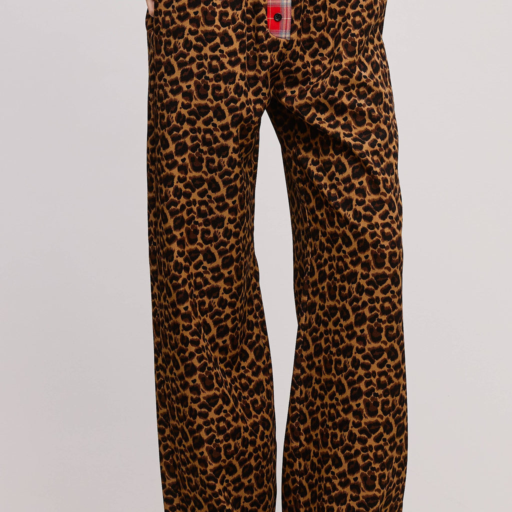 Plaid Flannel Contrast Waistband Leopard Pants