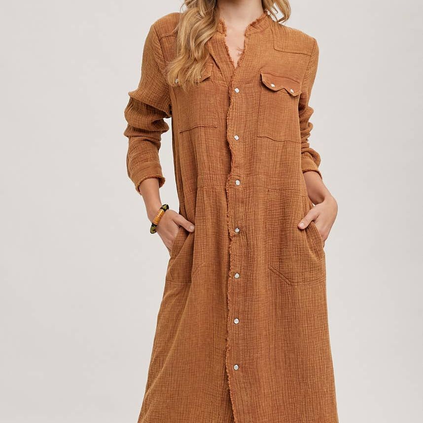 WASHED DENIM MIDI BUTTON DOWN SHIRT DRESS