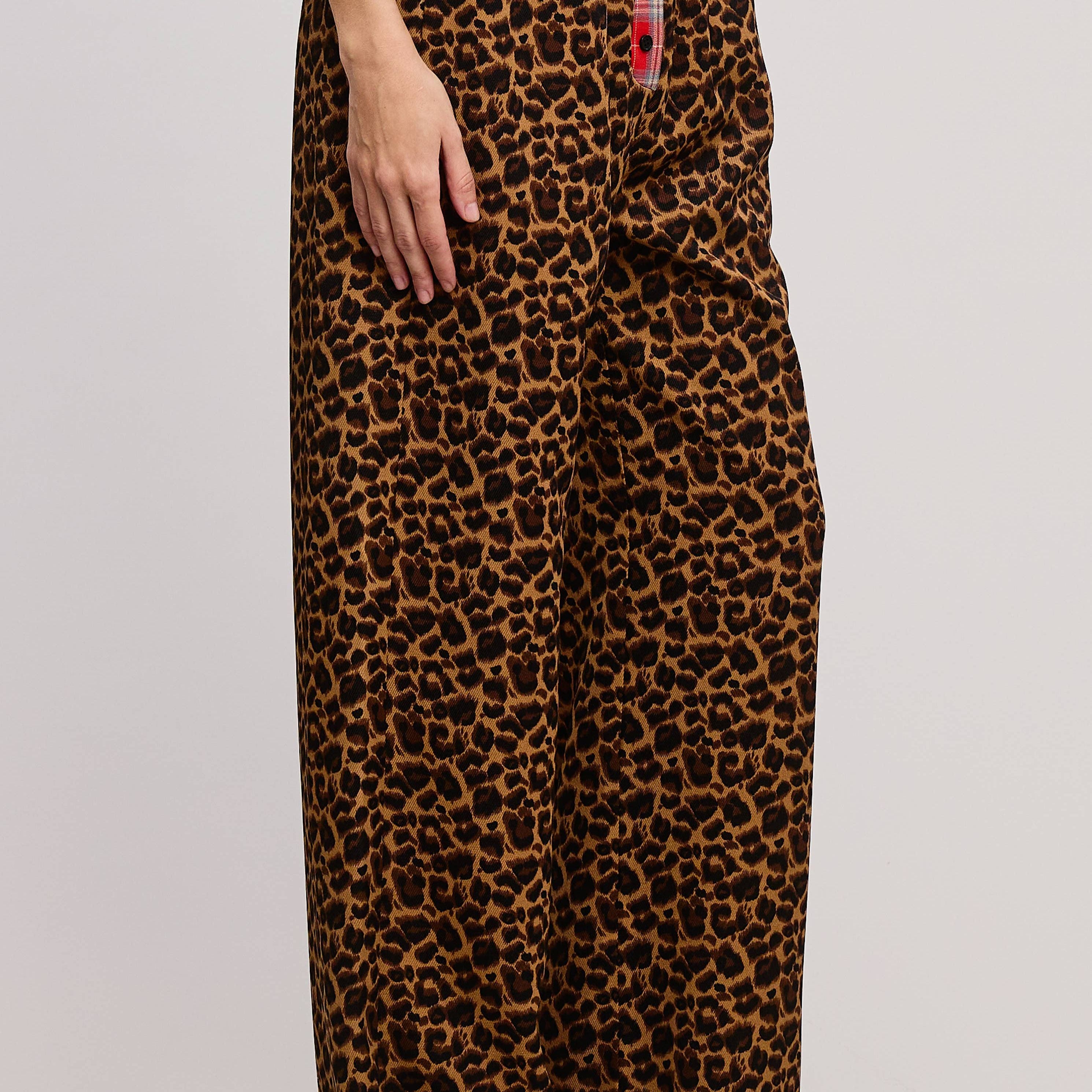 Plaid Flannel Contrast Waistband Leopard Pants