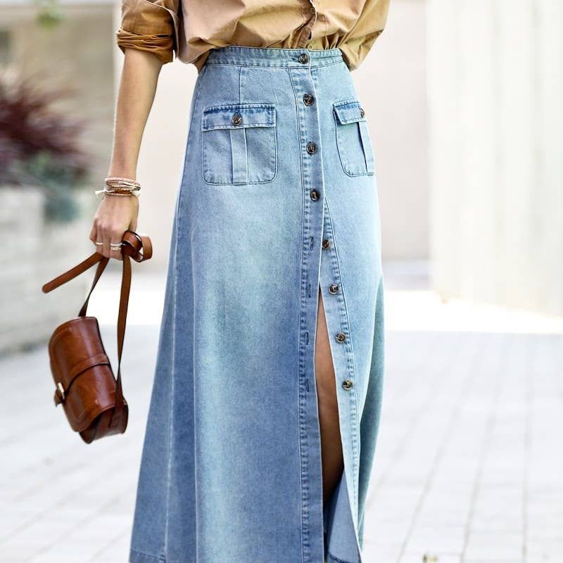Front button down washed out denim maxi-skirt MK1699