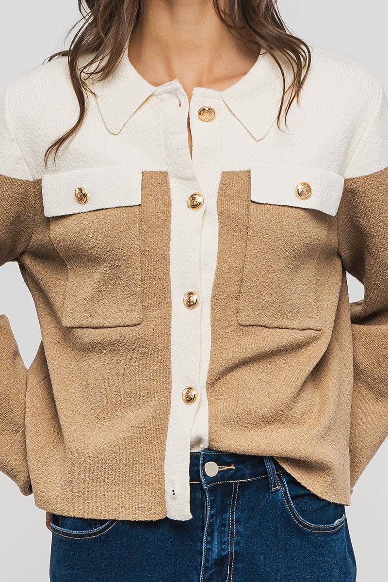 Colorblock Button-Up Cropped Coat