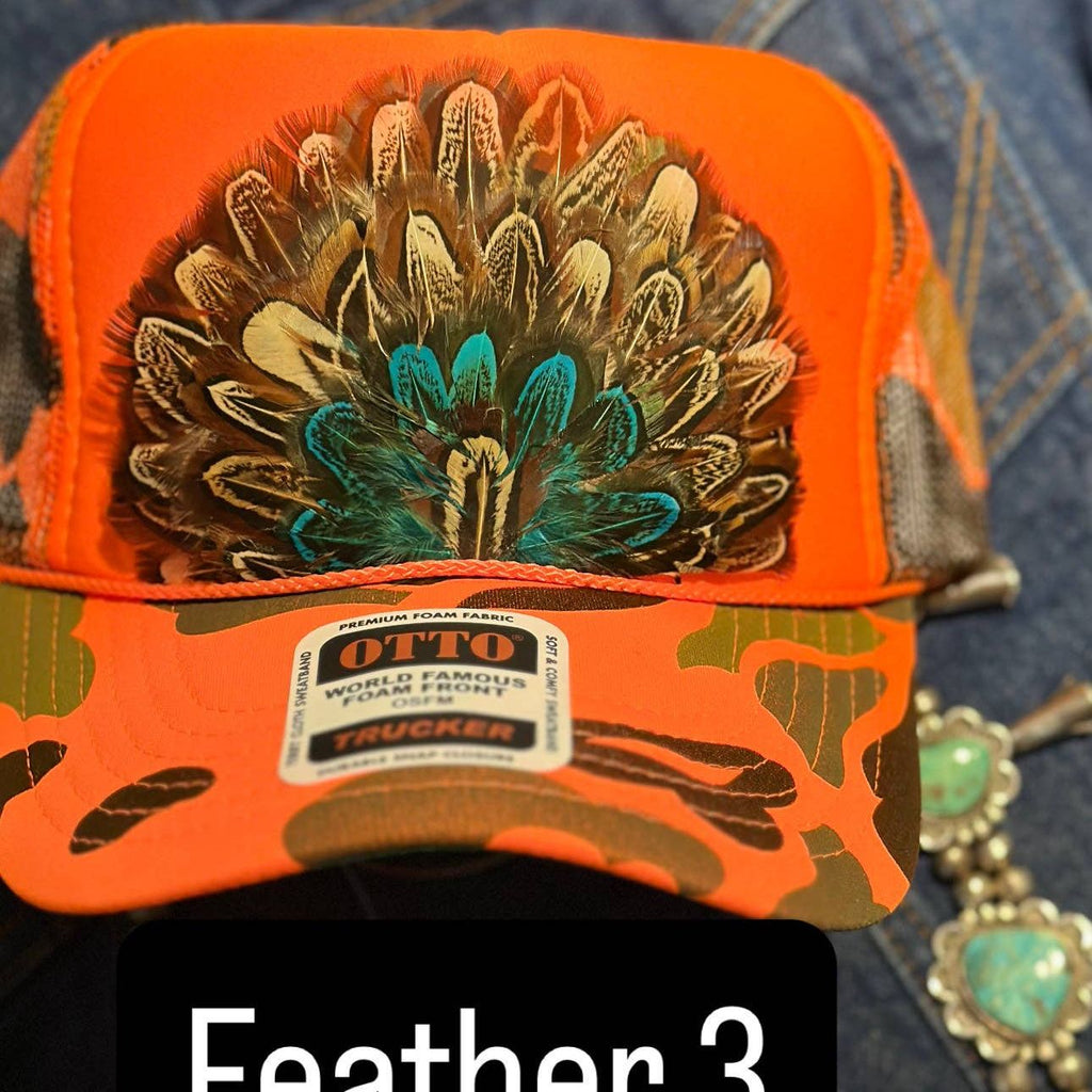 ORANGE CAMO CAMOUFLAGE FEATHER TRUCKER HAT